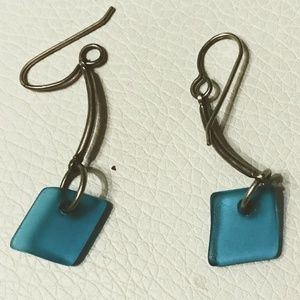 Bright Blue Sea Glass and Sterling Silver Earrings